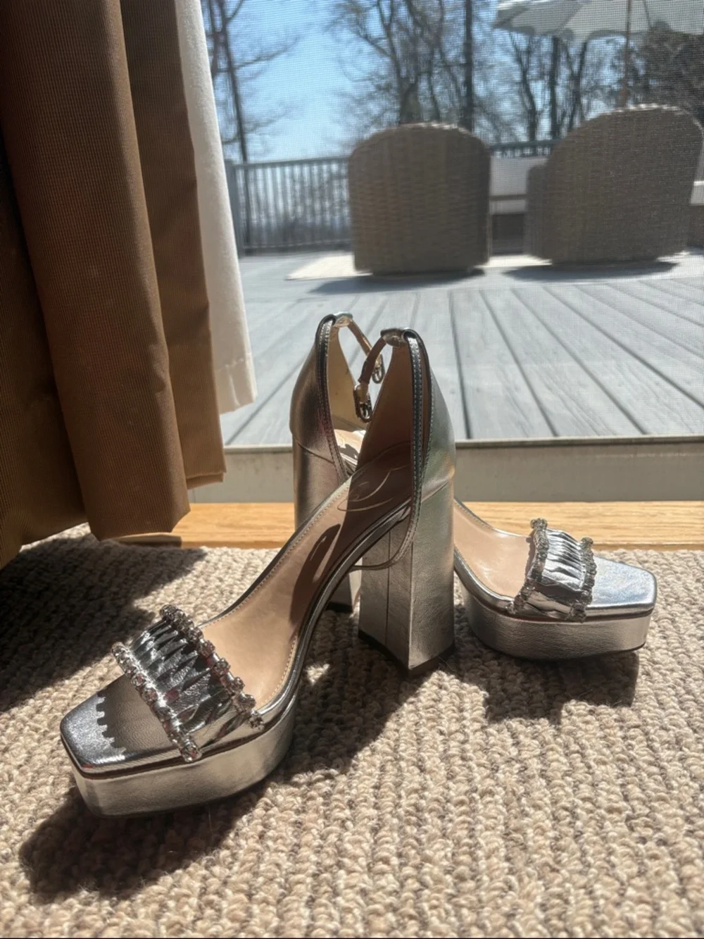 Jessica Simpson Silver Metallic Platform Block Heels with Ruffled Front Strap